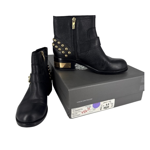Vince Camuto VC Windetta Black Leather Gold Studs Buckle Moto Ankle Boots Sz 6.5 - Picture 1 of 11